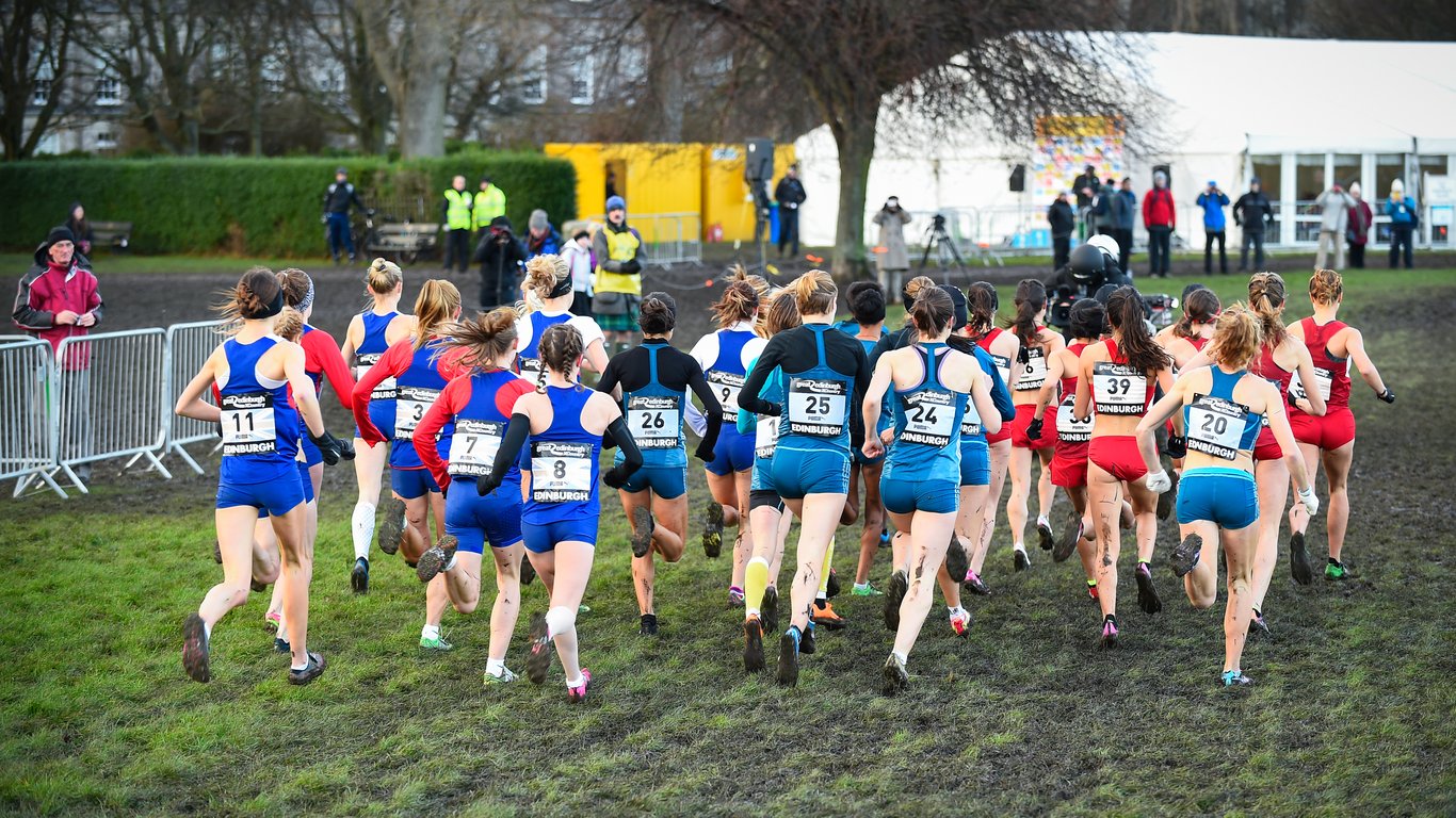 A group of women runners in the middle of a 6K cross-country running race.