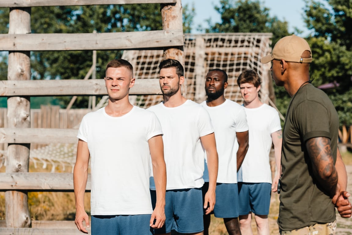 Soldiers training in the camp under the senior commander's lead.