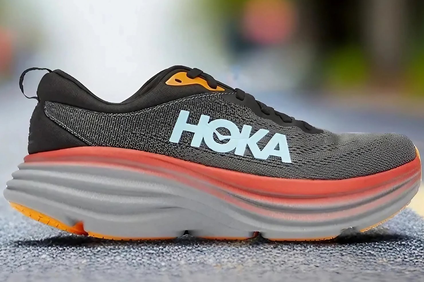 Hoka Bondi 8 on the city road.