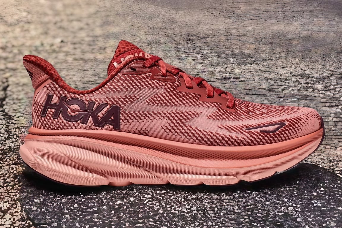 The Hoka Clifton 9 on the pavement.