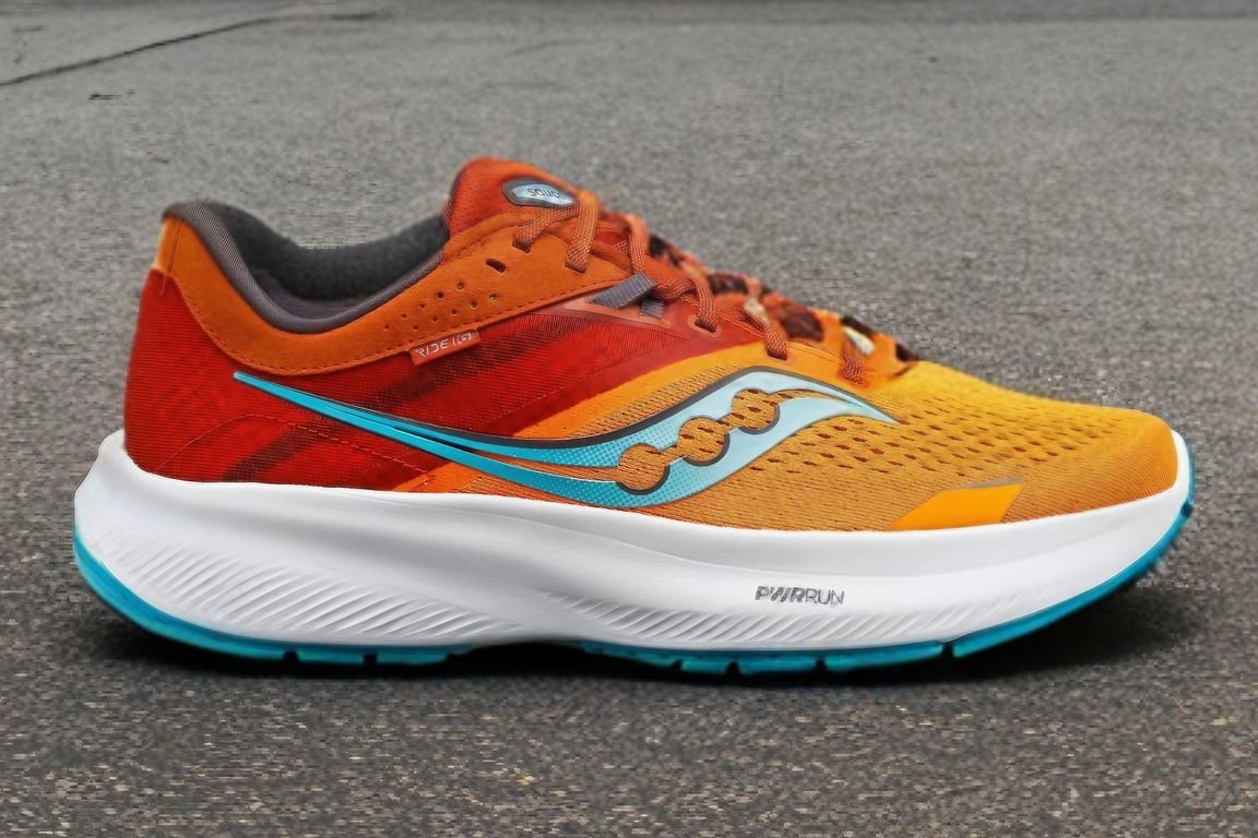 The Saucony Ride 16 on a sidewalk.
