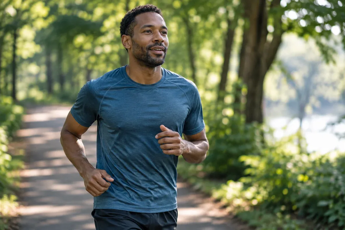 Läufer joggt mit entspannten Schultern und ruhigem Gesichtsausdruck auf einem schattigen Weg
