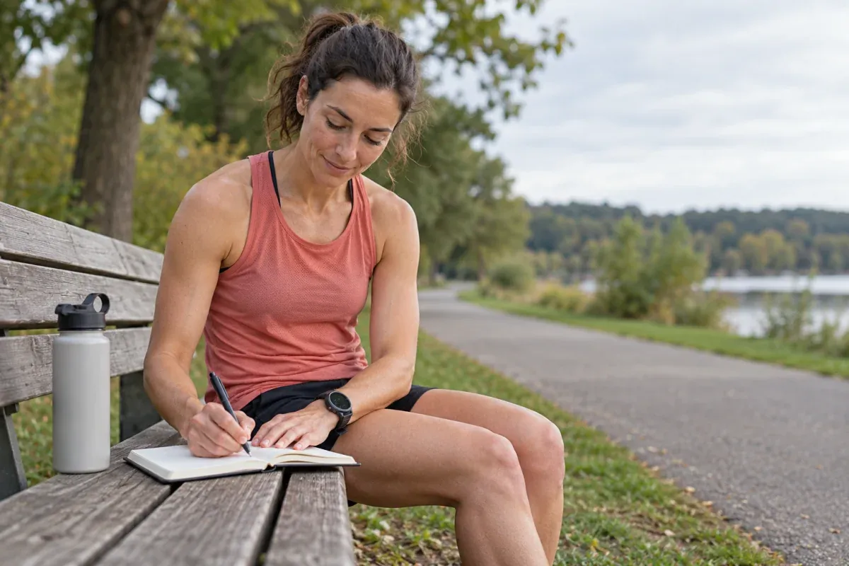Läuferin schreibt nach einem Blick auf ihre Uhr in ein Notizbuch an einer Parkrunde
