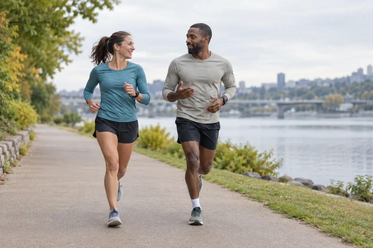 Zwei Läufer unterhalten sich bei einem lockeren Lauf am Fluss