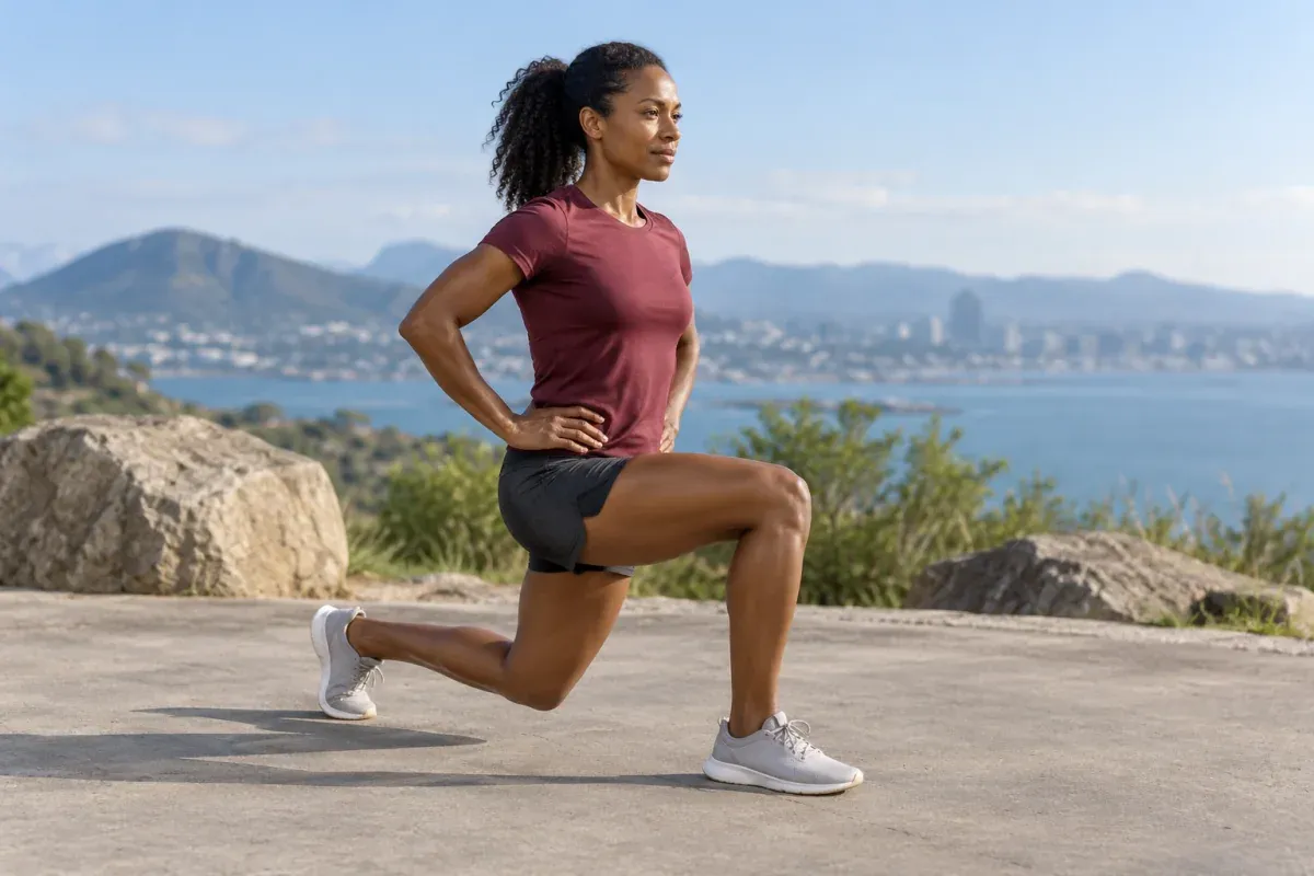 Läuferin führt einen kontrollierten Split Squat mit dem eigenen Körpergewicht aus