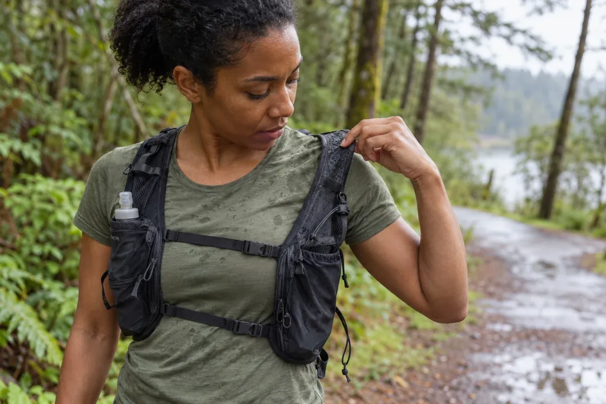 Runner checking a hydration-vest shoulder strap beside a damp wooded path