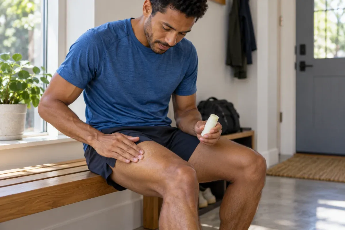 Runner applying a small amount of balm to intact outer thigh skin before a run