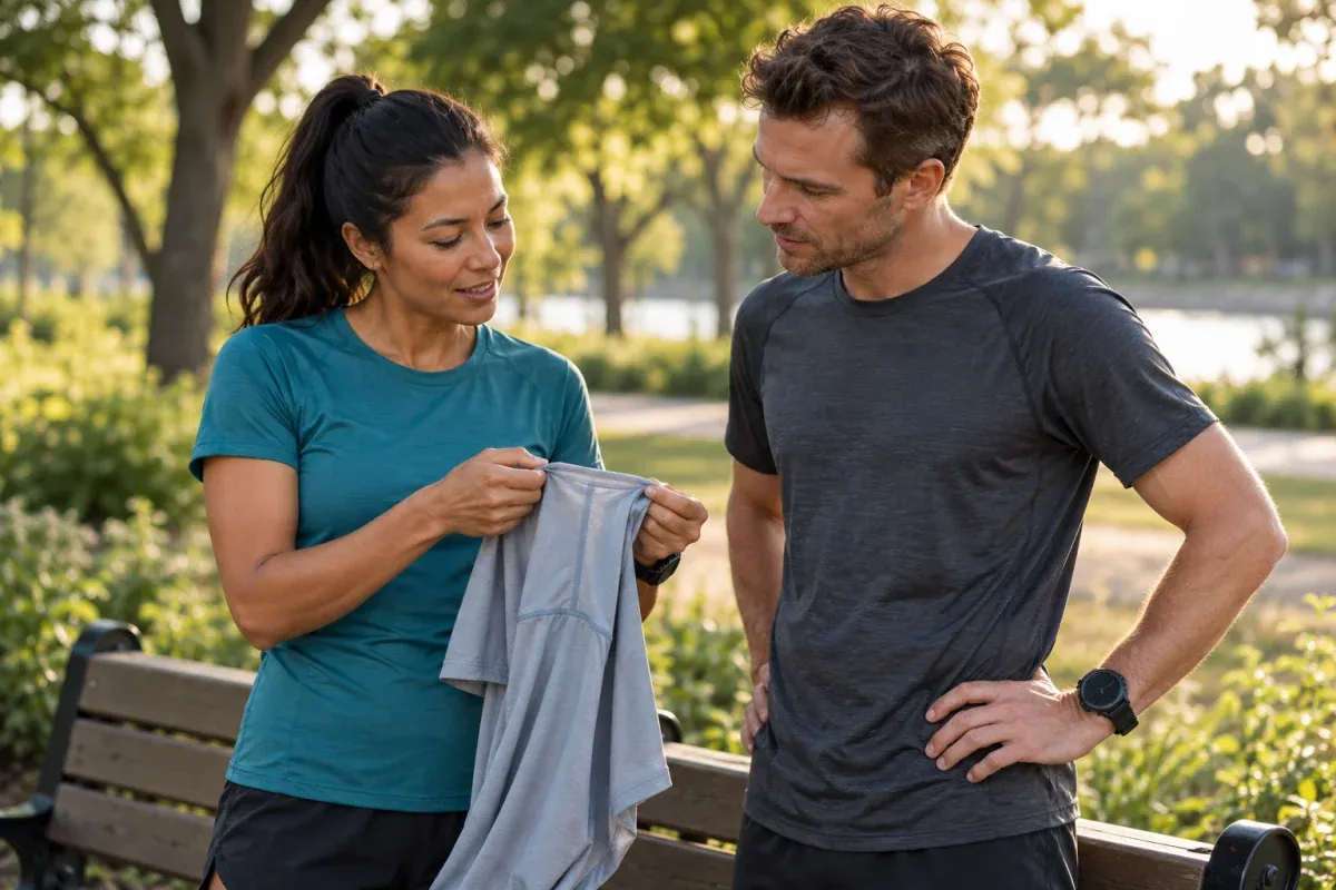 Two runners discussing a shirt seam beside a park bench