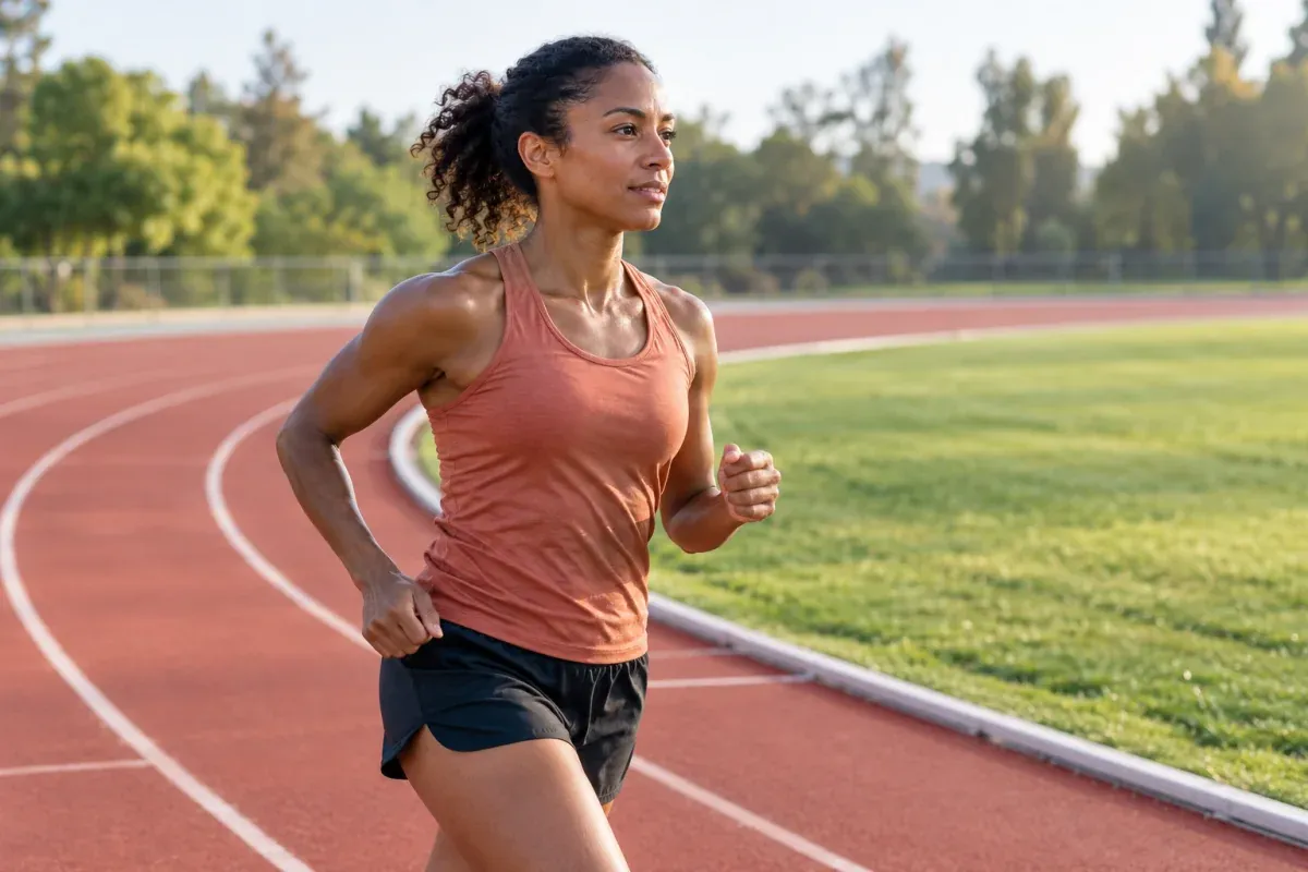 Runner practicing a controlled training pace in the inside lane of an athletics track