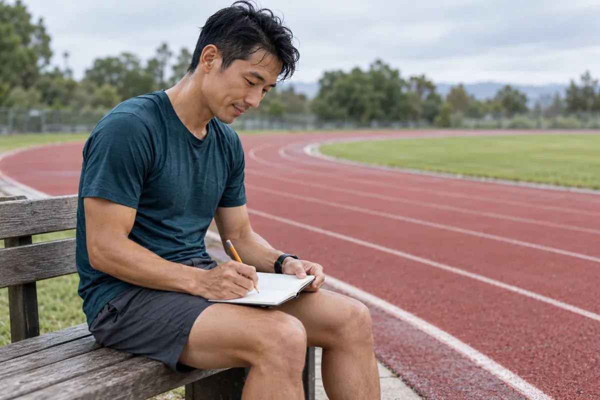 Runner writing in a training notebook on a bench beside an athletics track