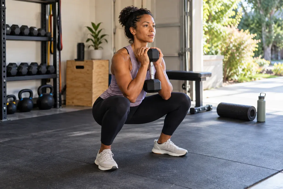 A runner holds a dumbbell at her chest while doing a goblet squat in a bright home gym
