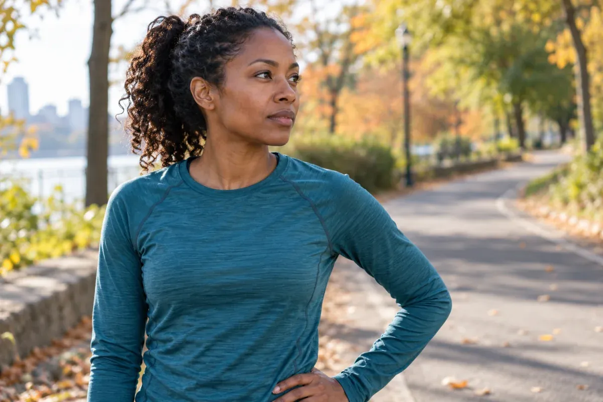 Runner pausing beside a park path with a thoughtful expression