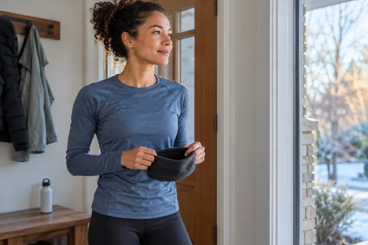 Runner holding a fleece headband while preparing for an outing at home
