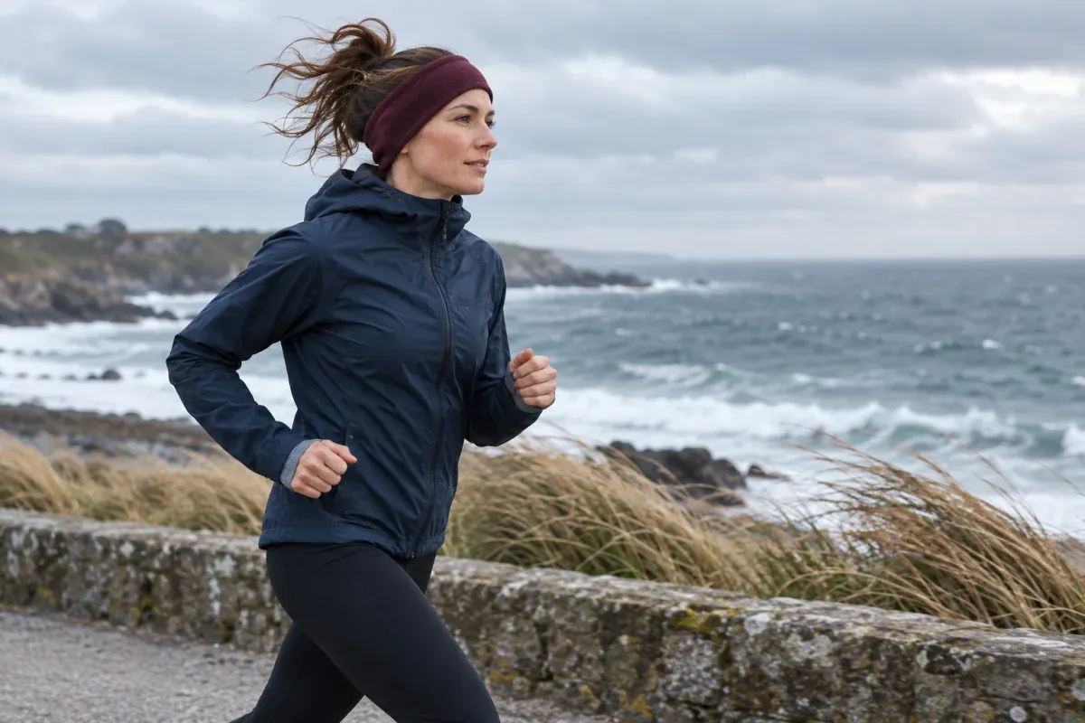 Runner wearing an ear-covering headband on a windy coastal path