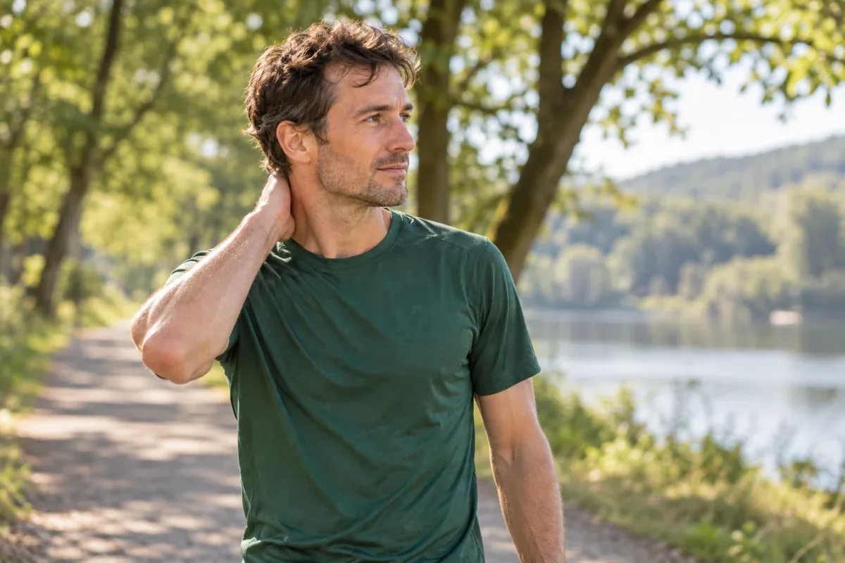 Runner resting a hand lightly on the back of his neck after a run