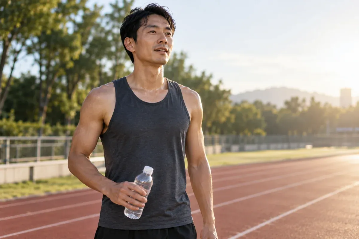 Runner with relaxed shoulders and jaw holding a water bottle beside a track