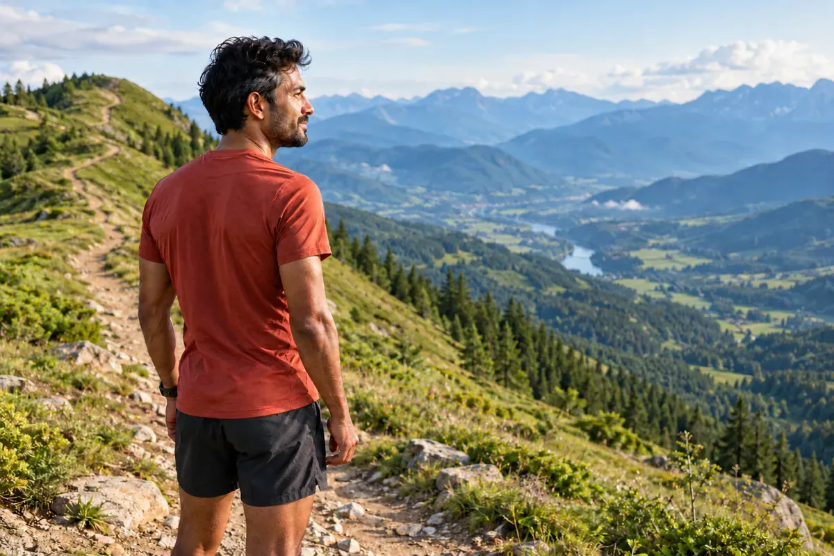 Trail runner pausing on a hillside with a winding climb and valley behind him