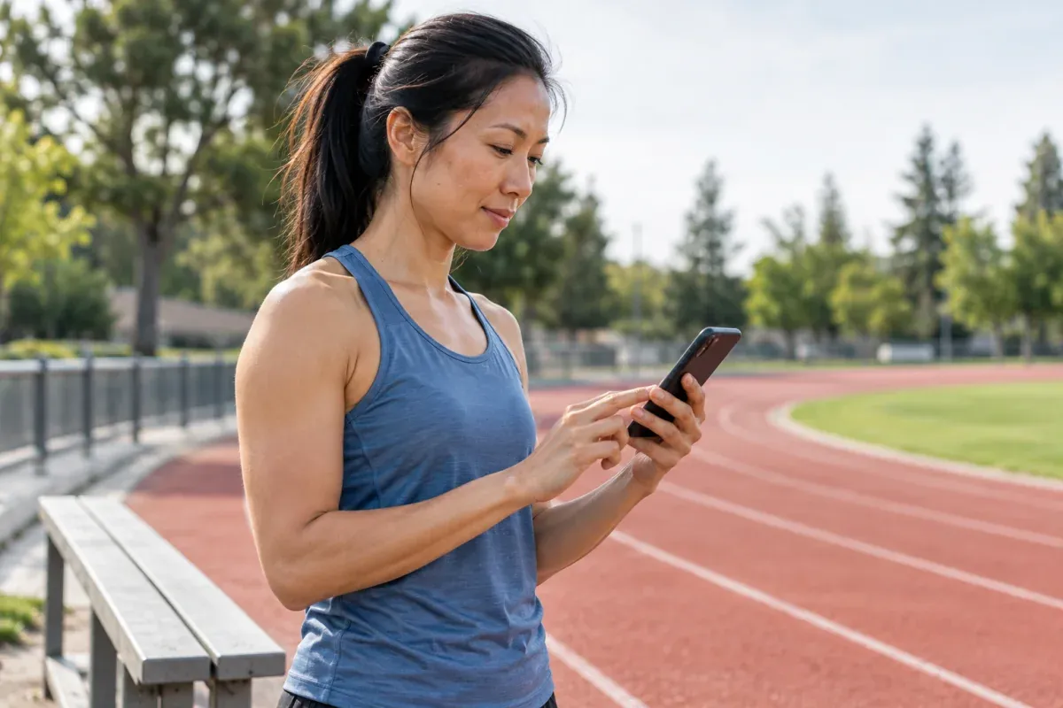 Läuferin bereitet vor dem Training an der Bahn ihr Smartphone vor