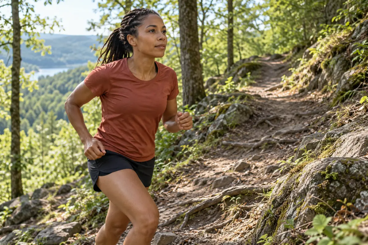 Läuferin joggt auf einem gewundenen Waldtrail bergauf