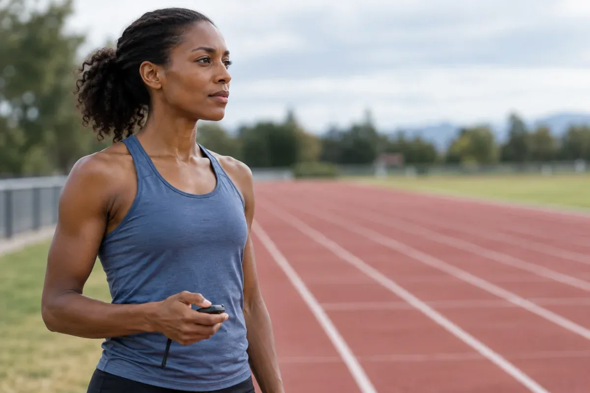 Runner holds a stopwatch beside an empty outdoor track