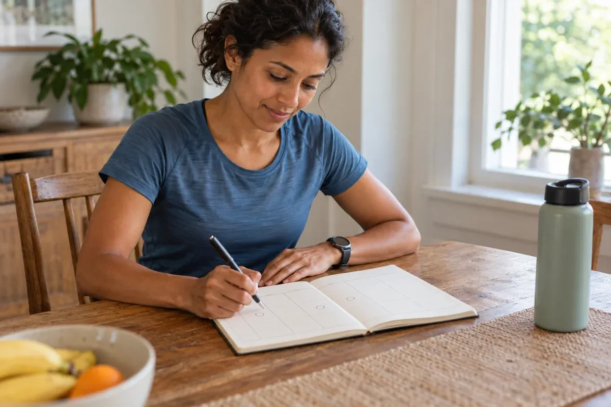 Runner planning her training week with a pen and paper calendar at home
