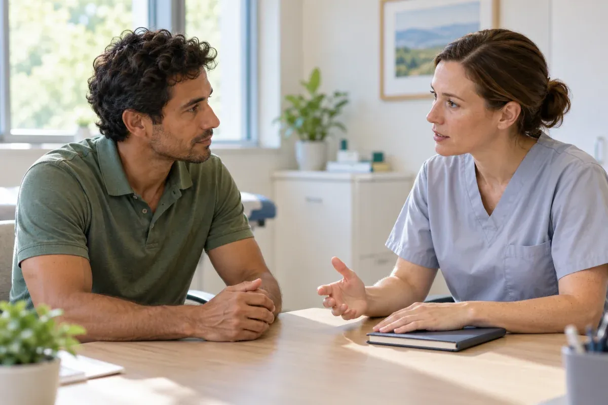 Corredor conversa com uma médica à mesa de um consultório