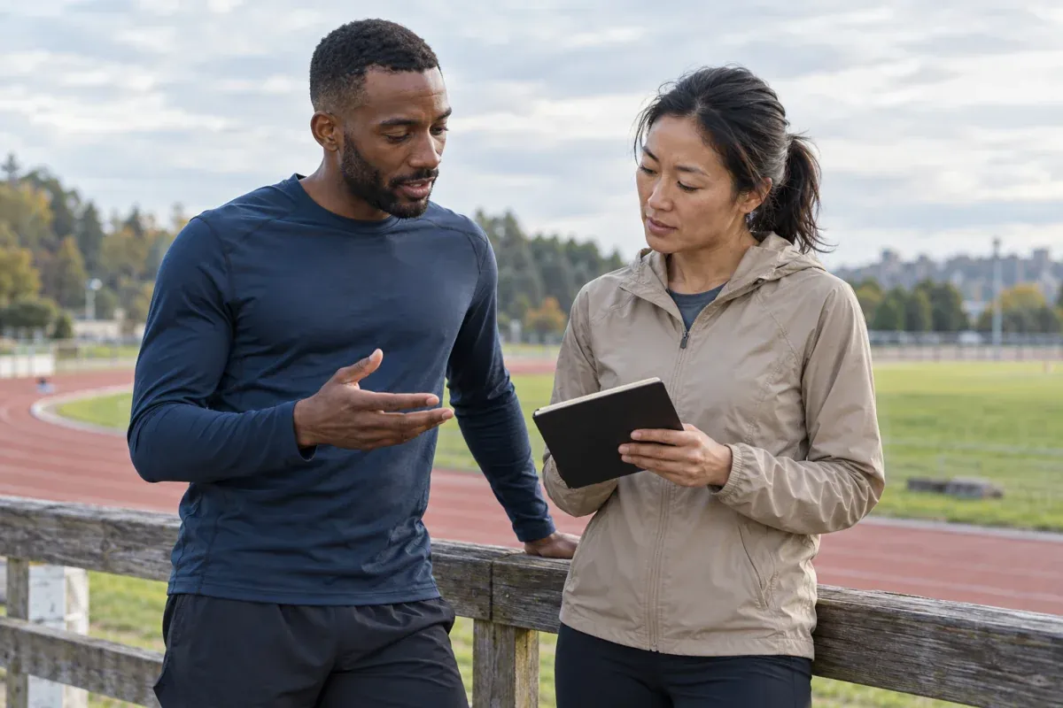 Dois corredores conversam sobre um caderno ao lado de uma pista de atletismo