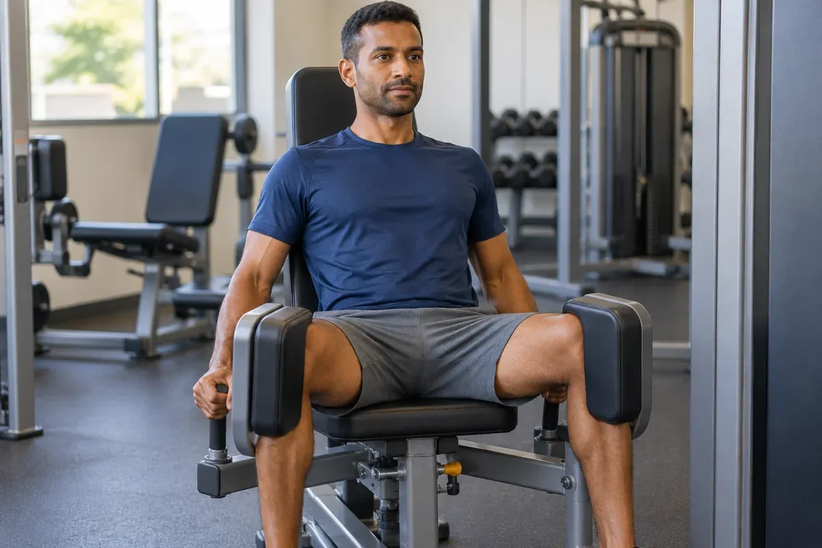 Runner seated on a hip abductor machine with pads against the outside of his thighs