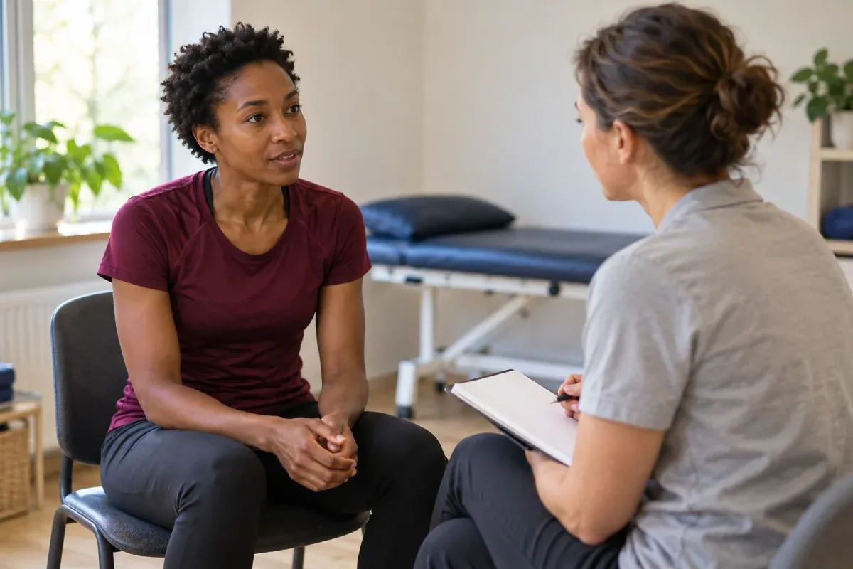 Runner talking with a healthcare professional in a consultation room