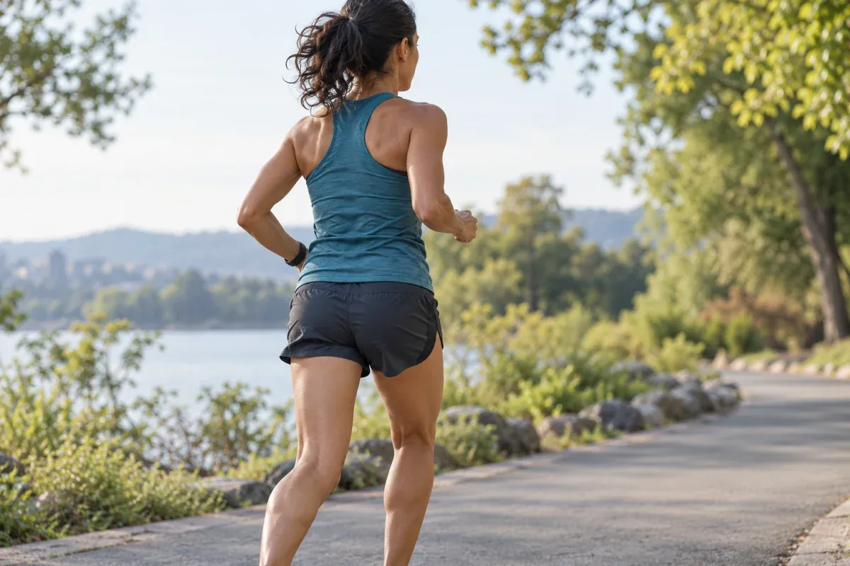 Runner seen from behind during a single-leg support phase on a park path