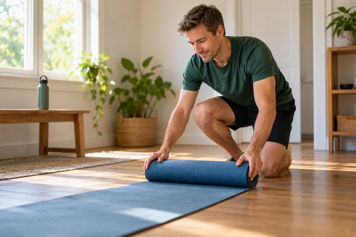 Runner unrolling an exercise mat before a home strength session