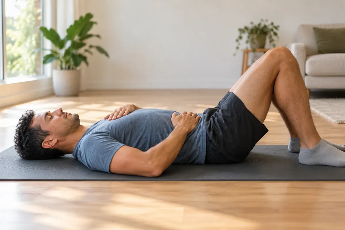 A runner lies on a yoga mat with knees bent, one hand on the belly and one on the chest, practicing belly breathing