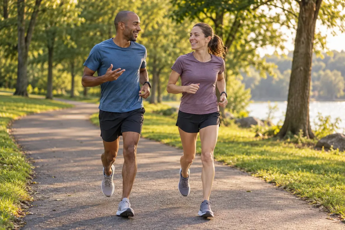 Two runners jog side by side on a park path while one talks and smiles
