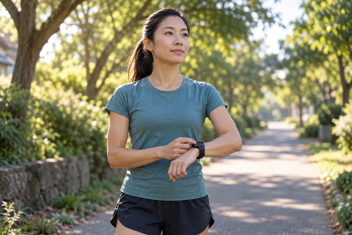 A runner at the start of an easy run presses the button on a plain black watch, looking down a tree-lined path