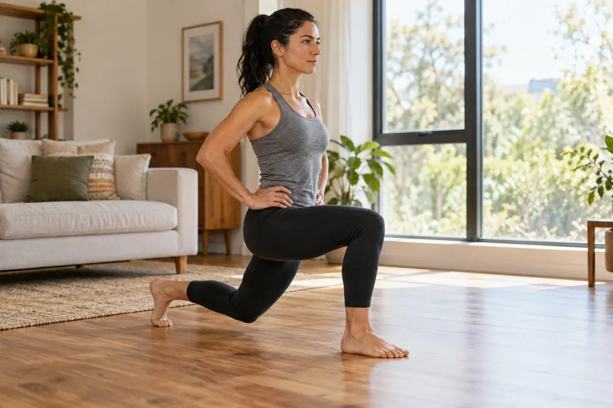 Runner doing a bodyweight split squat in a living room with her back knee lowered toward the floor