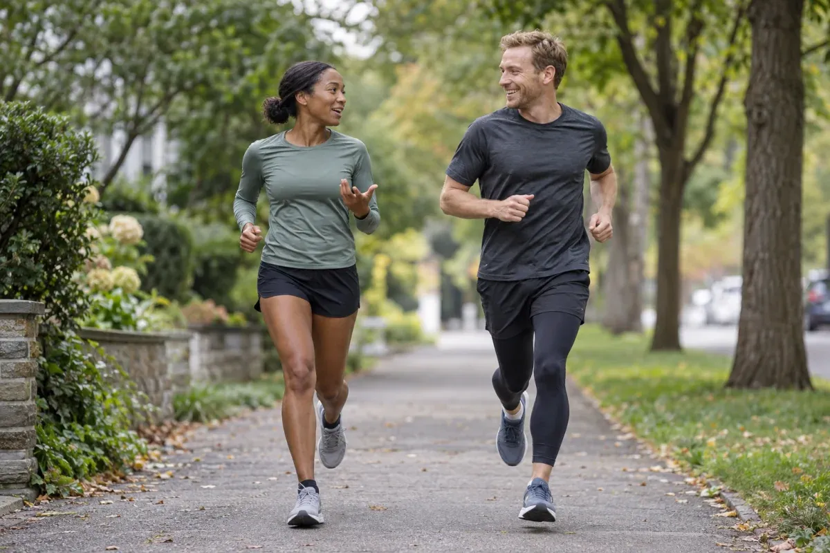 Two runners chatting and laughing while jogging at an easy pace on a tree-lined path