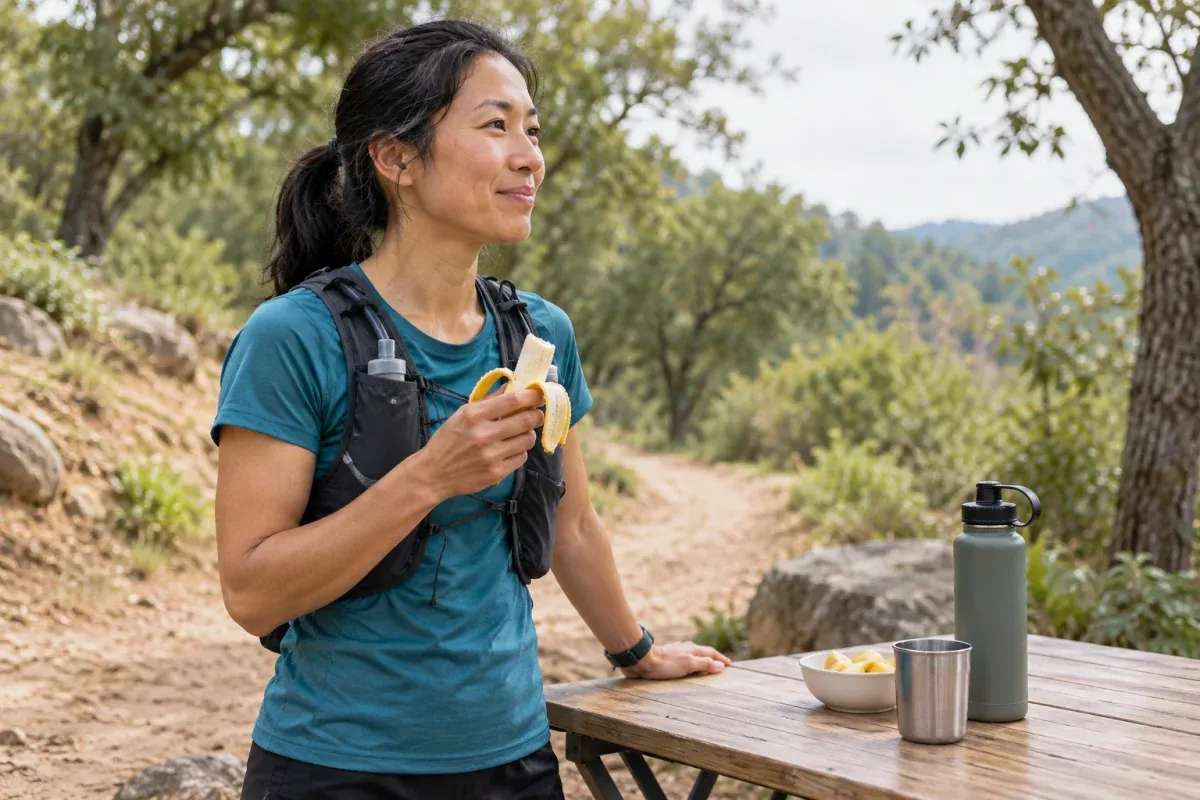 Trail runner taking a banana snack break beside a table with a water bottle