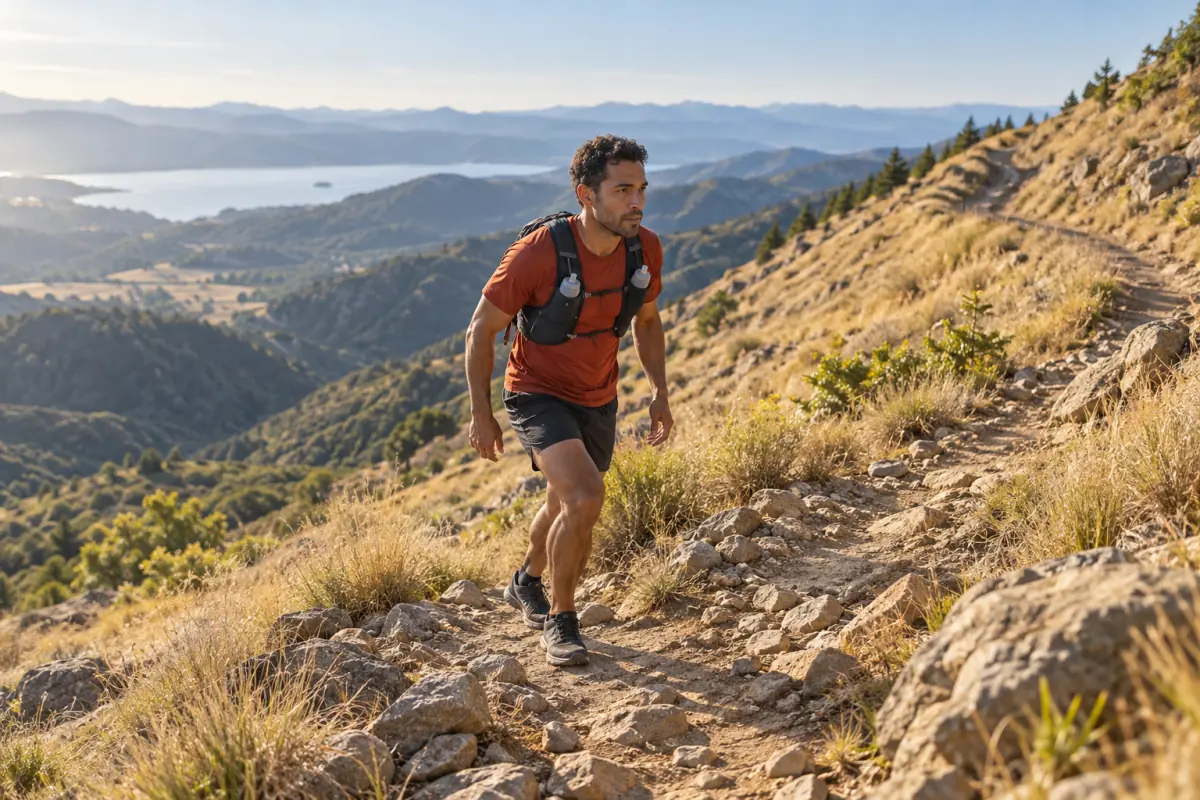 Trail runner power-hiking a steep rocky path on a grassy hillside