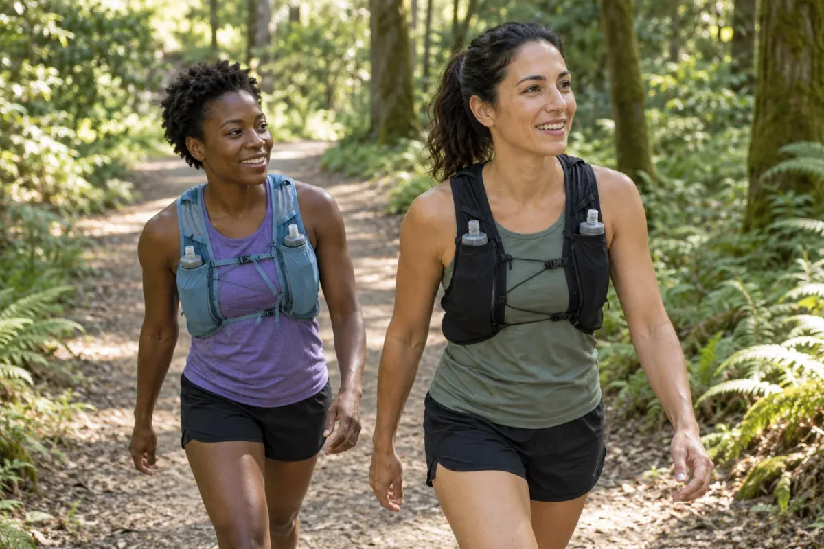 Two runners hiking together on a woodland trail with small hydration vests