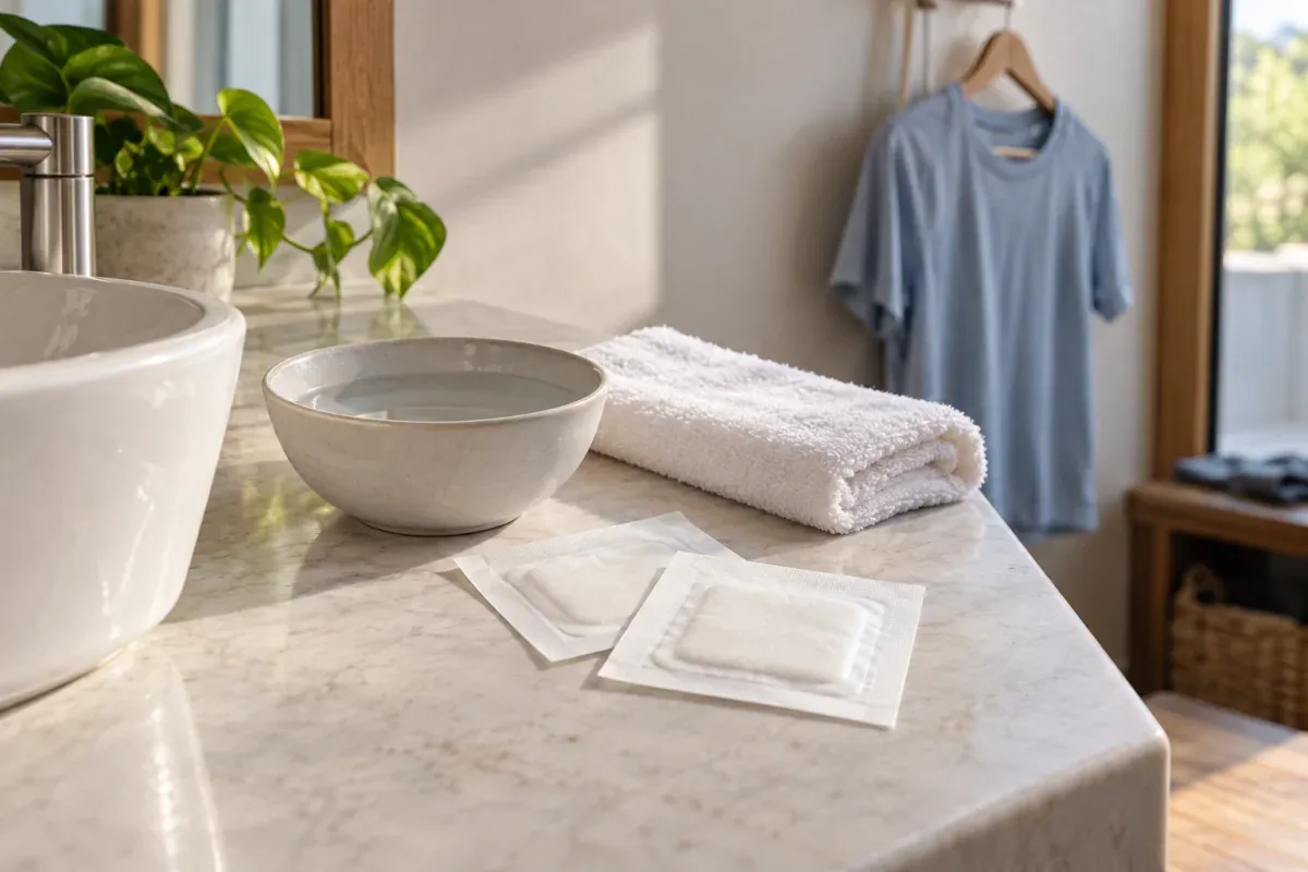 Schale mit klarem Wasser, weiches Handtuch und schlichte Wundauflagen auf einer Ablage