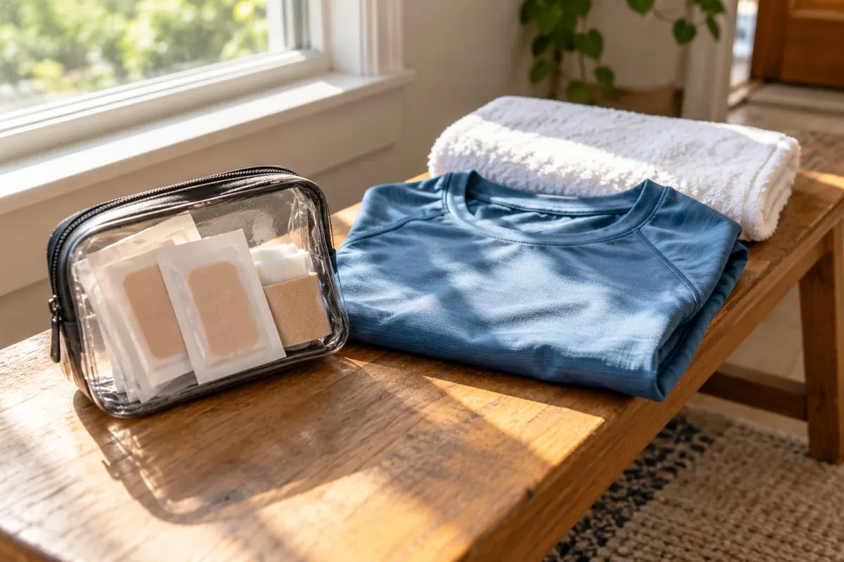 Kleine Tasche mit Wundauflagen neben einem sauberen Laufshirt und einem Handtuch