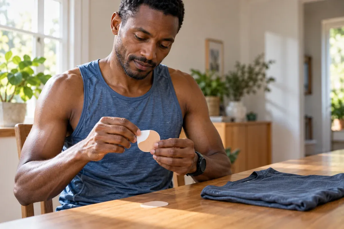 Läufer bereitet neben einem gefalteten Laufshirt ein schlichtes Hautpflaster vor