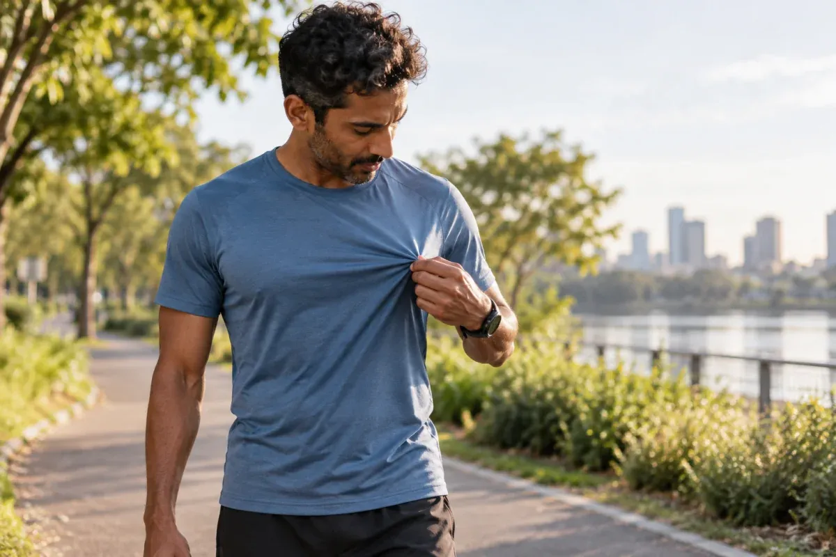 Läufer zieht den Stoff seines blauen Laufshirts vorsichtig von der Brust weg