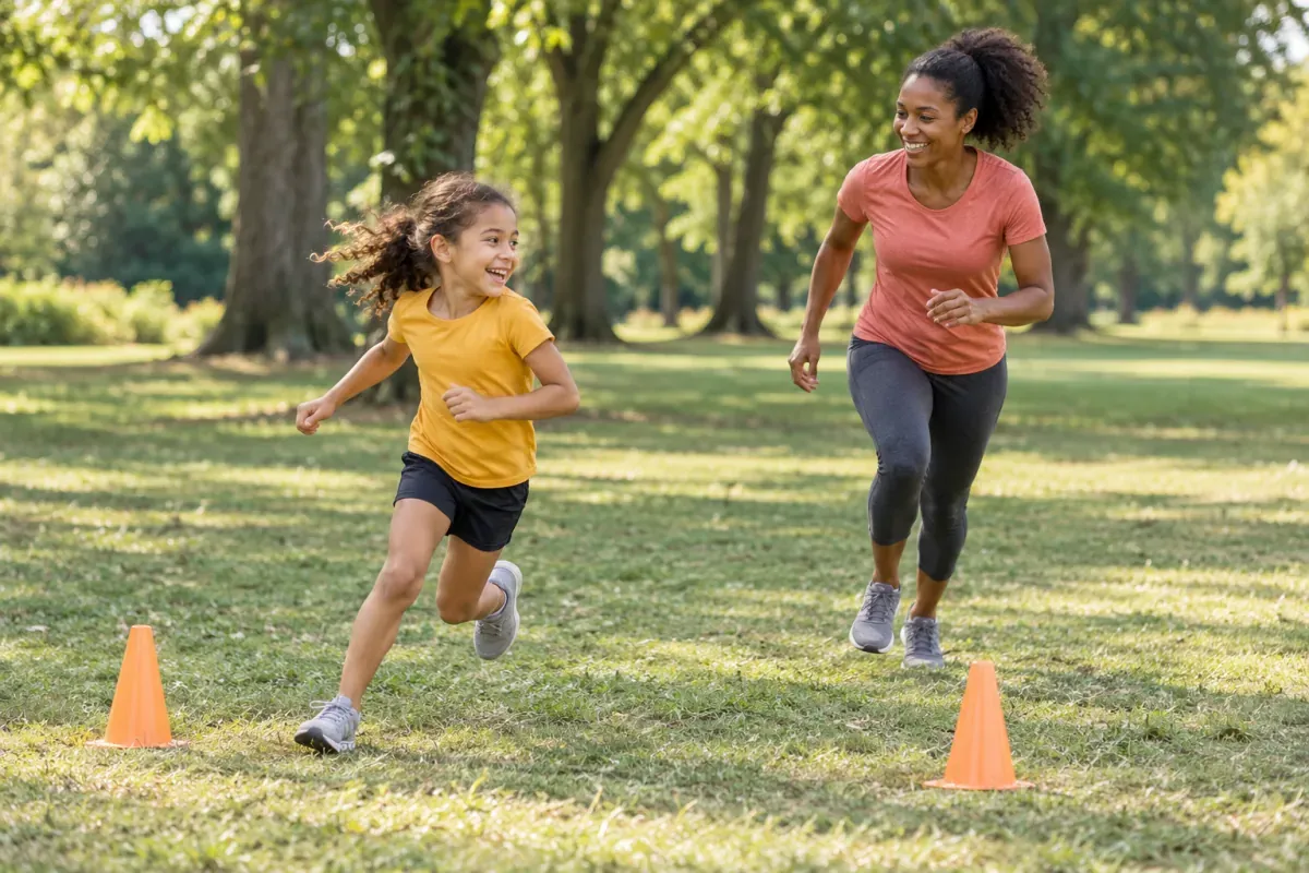 Menina conduzindo a mãe em uma brincadeira de corrida ao redor de cones no gramado do parque