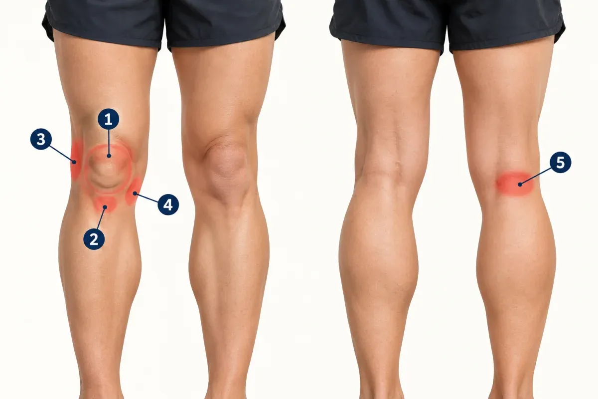 Front and back views of a runner's legs with five numbered knee pain zones