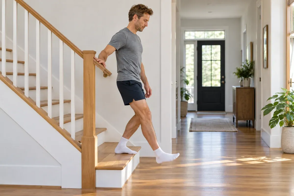 Runner doing a slow step-down from the bottom stair at home, holding the handrail for balance