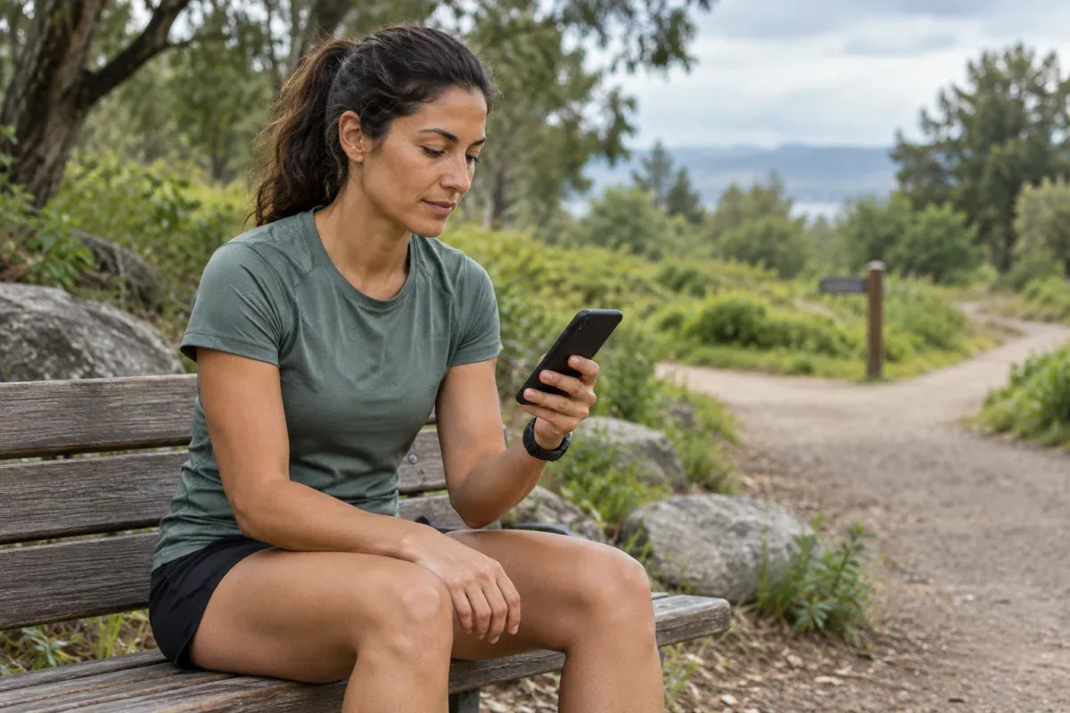 Corredora sentada em um banco de parque olha o celular depois de parar a corrida