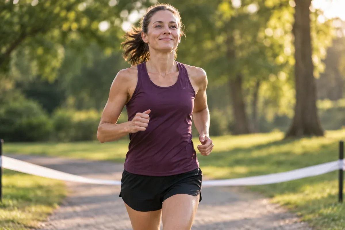 Läuferin beendet einen gleichmäßigen Lauf mit entspannten Schultern