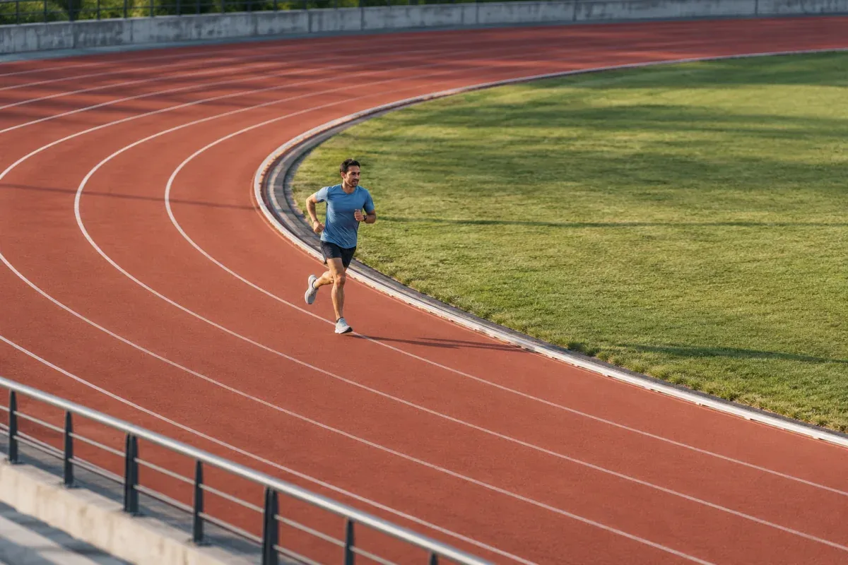 Läufer läuft durch die Kurve einer Leichtathletikbahn