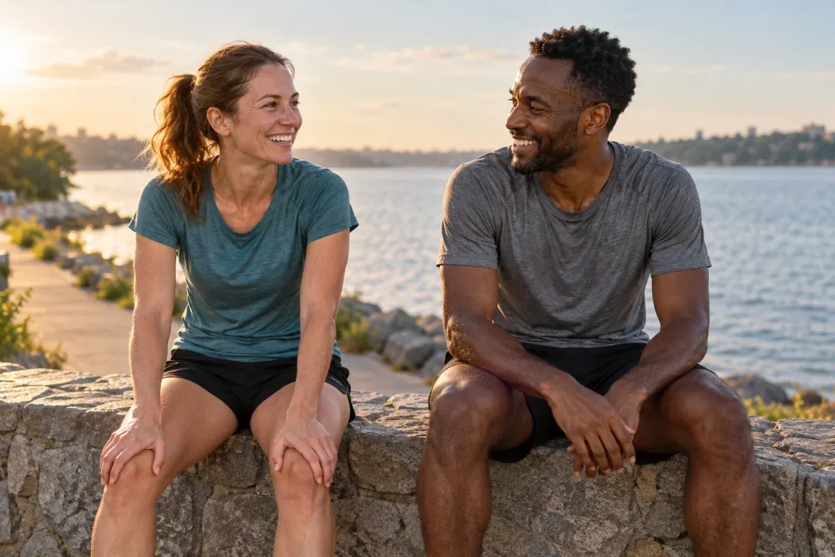 Two runners share a satisfied pause beside the waterfront after a run
